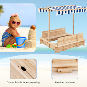 Kids Wooden Sandbox with Canopy and Bench Seats