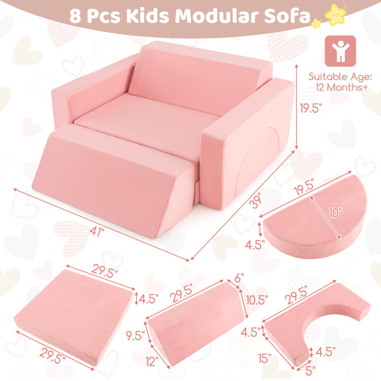 8-Piece Kids Modular Play Sofa with Removable Covers for Playroom & Bedroom Furniture