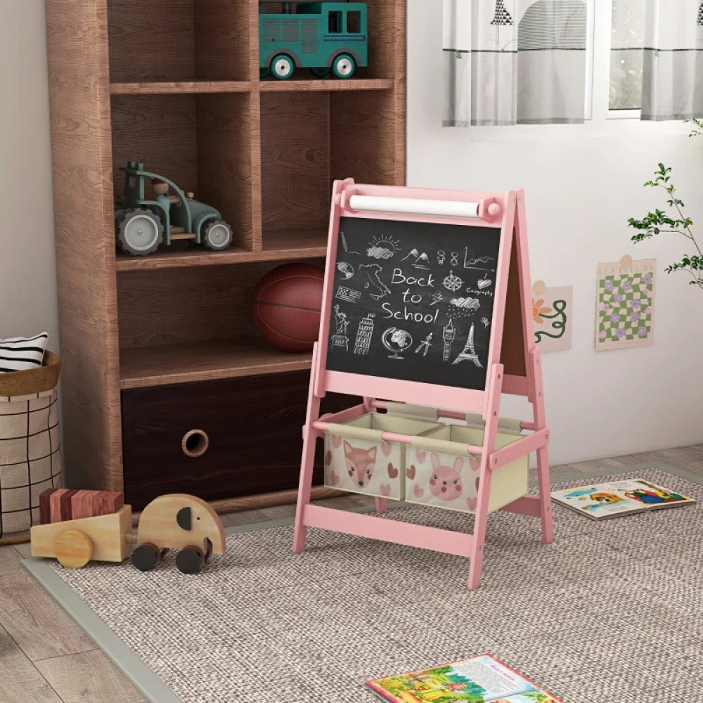 Adjustable Kids Art Easel with Paper Roll, Magnetic Whiteboard, Chalkboard and Storage