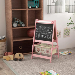 Adjustable Kids Art Easel with Paper Roll, Magnetic Whiteboard, Chalkboard and Storage
