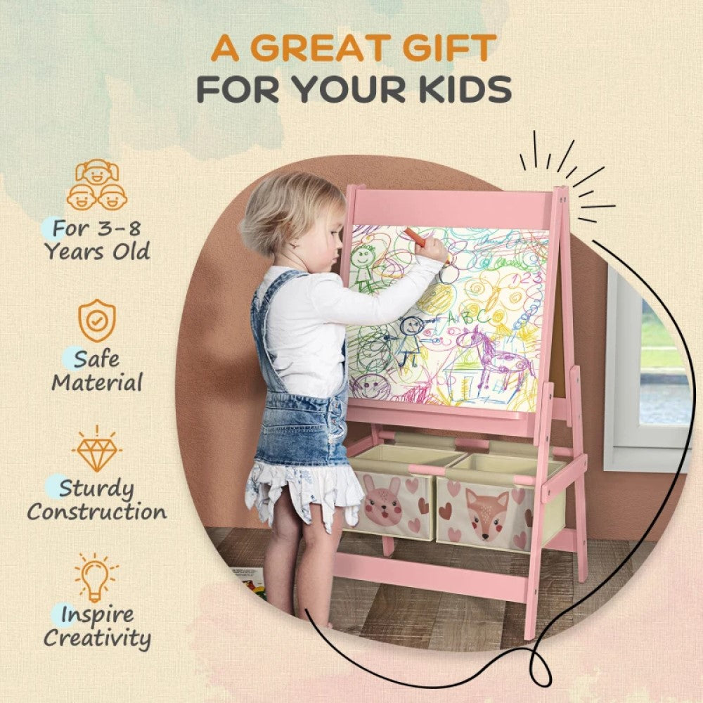 Adjustable Kids Art Easel with Paper Roll, Magnetic Whiteboard, Chalkboard and Storage