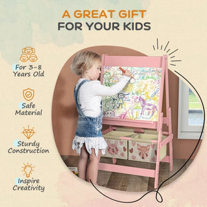 Adjustable Kids Art Easel with Paper Roll, Magnetic Whiteboard, Chalkboard and Storage