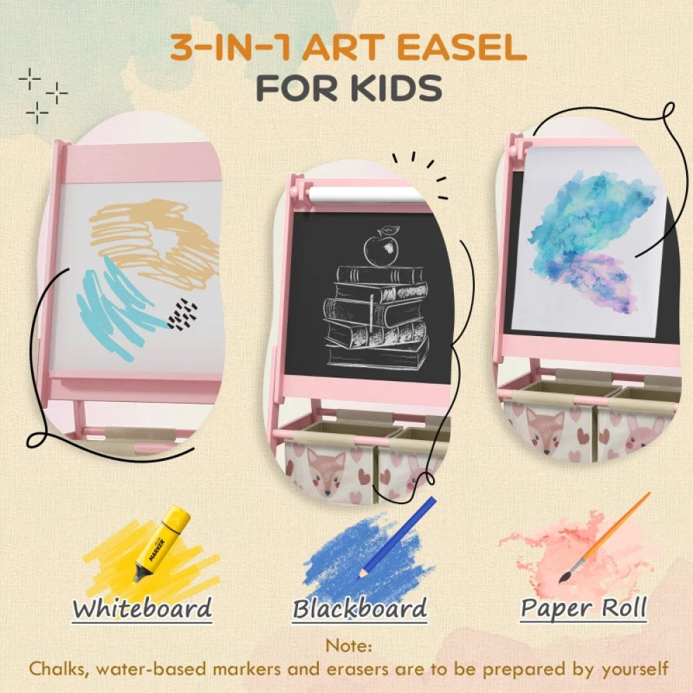 Adjustable Kids Art Easel with Paper Roll, Magnetic Whiteboard, Chalkboard and Storage