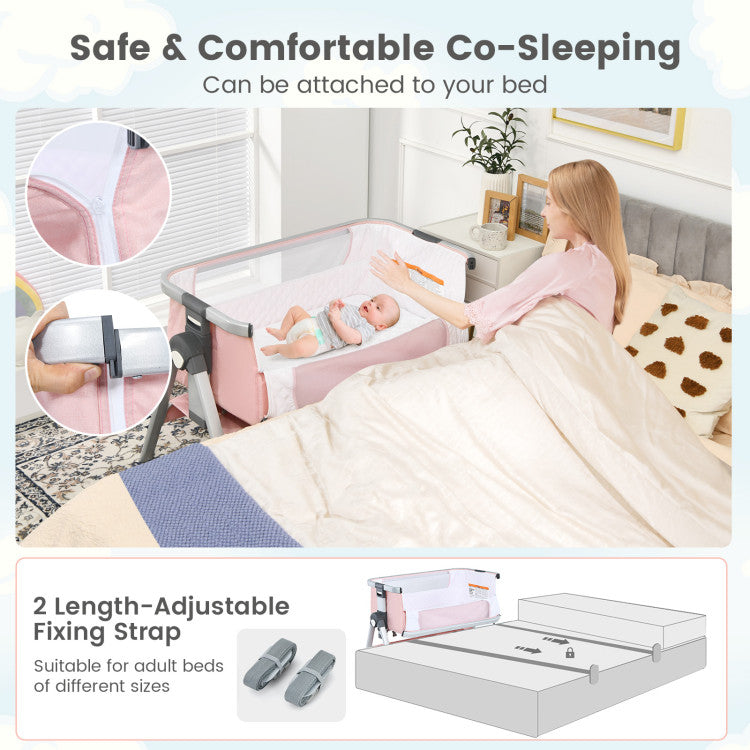 Baby Bedside Bassinet with Storage Basket & Wheels – Adjustable Infant Sleeper