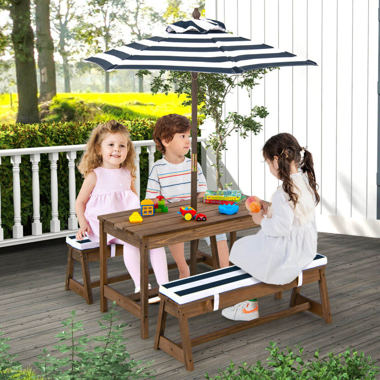 Kids Picnic Table Set with Cushions & Height Adjustable Umbrella - Outdoor Fun