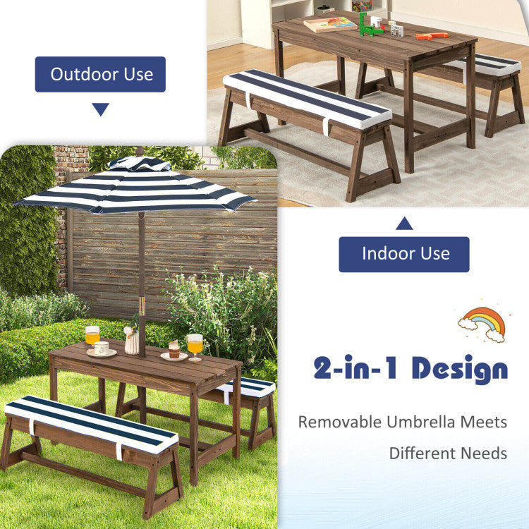 Kids Picnic Table Set with Cushions & Height Adjustable Umbrella - Outdoor Fun
