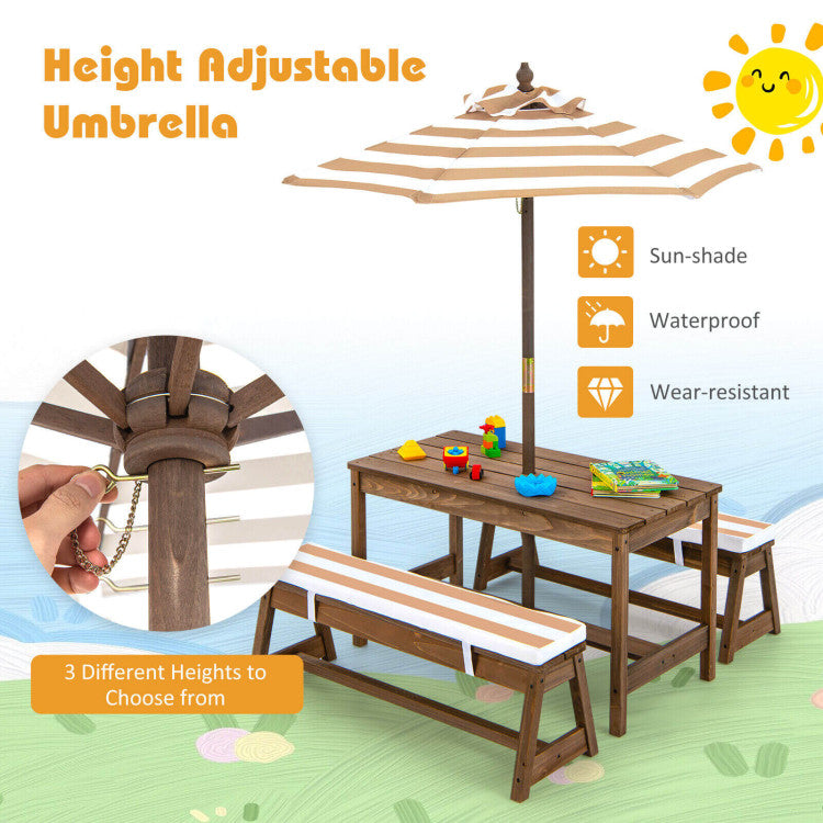 Kids Picnic Table Set with Cushions & Height Adjustable Umbrella - Outdoor Fun