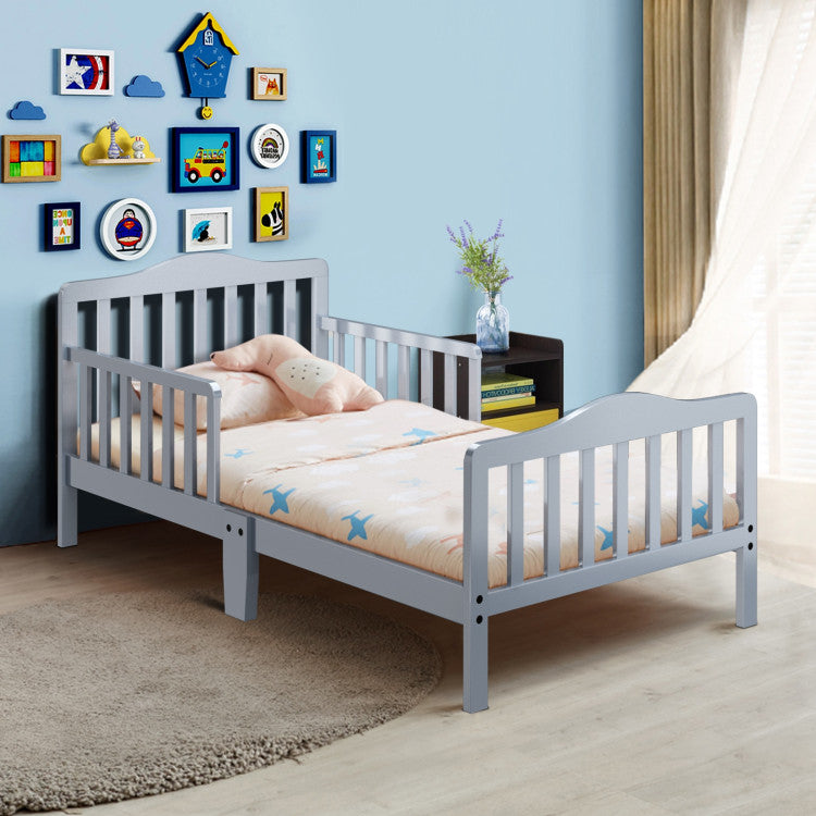 Classic Wood Toddler Bed Frame with Safety Guardrails – Sturdy Design for Kids' Comfort