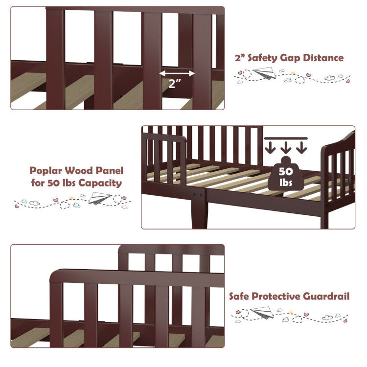 Classic Wood Toddler Bed Frame with Safety Guardrails – Sturdy Design for Kids' Comfort