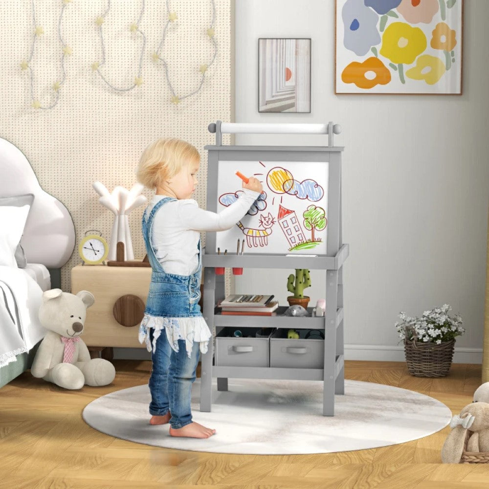 Double-Sided Kids Easel Standing Toddler Easel with Paper Roll, Magnetic Whiteboard and Chalkboard