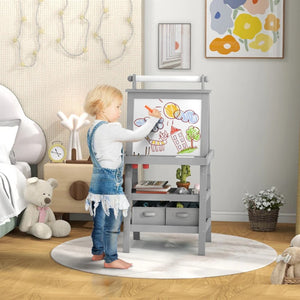 Double-Sided Kids Easel Standing Toddler Easel with Paper Roll, Magnetic Whiteboard and Chalkboard