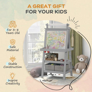 Double-Sided Kids Easel Standing Toddler Easel with Paper Roll, Magnetic Whiteboard and Chalkboard