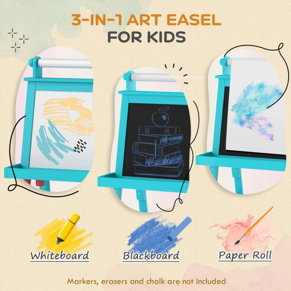 Double-Sided Kids Easel Standing Toddler Easel with Paper Roll, Magnetic Whiteboard and Chalkboard