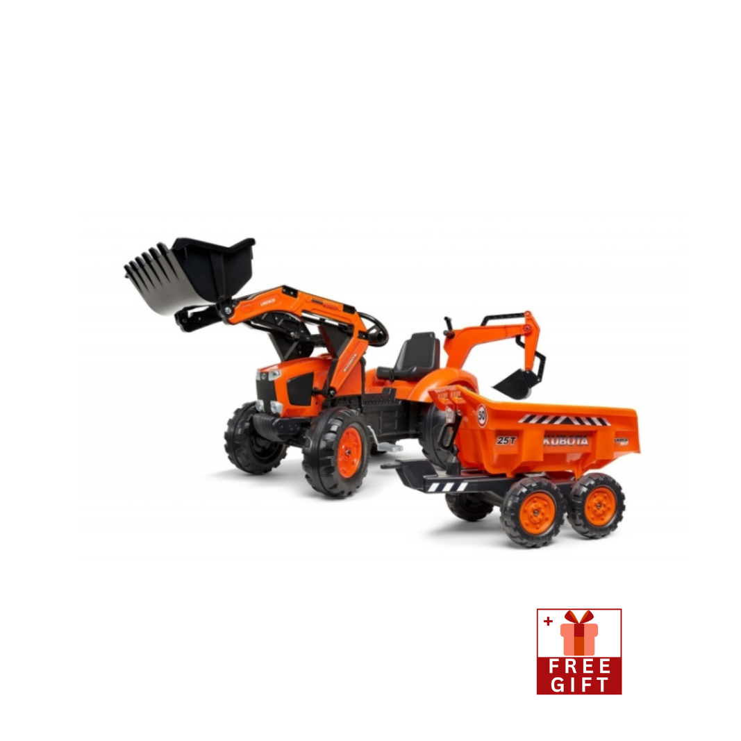 Falk Kubota M135GX Pedal Backhoe Loader with Front Loader, Rear Excavator and Maxi Tilt Trailer, Ride-On Toy, Age 3 - 7, Orange