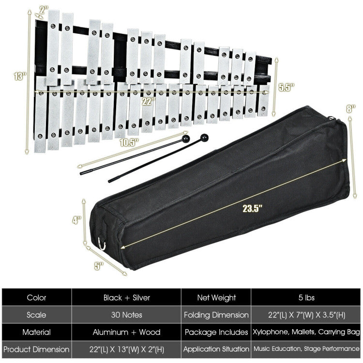 Foldable 30-Note Aluminum Glockenspiel Xylophone with Carry Bag - Portable and Durable