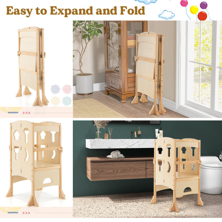 Folding Wooden Step Stool with Lockable Safety Rail for Toddlers 3+ Years