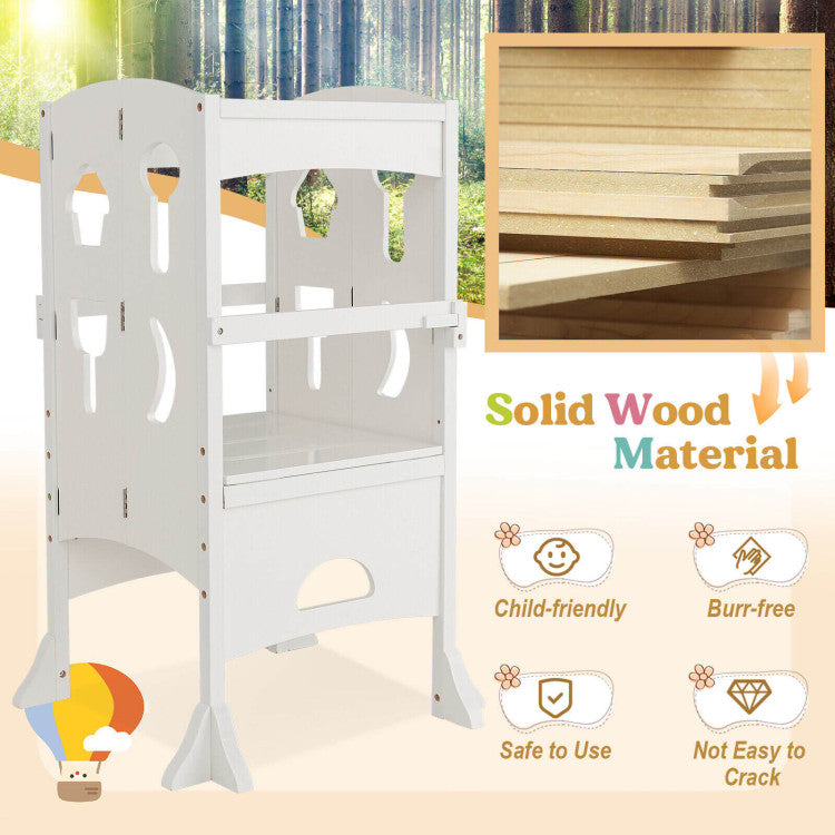 Folding Wooden Step Stool with Lockable Safety Rail for Toddlers 3+ Years