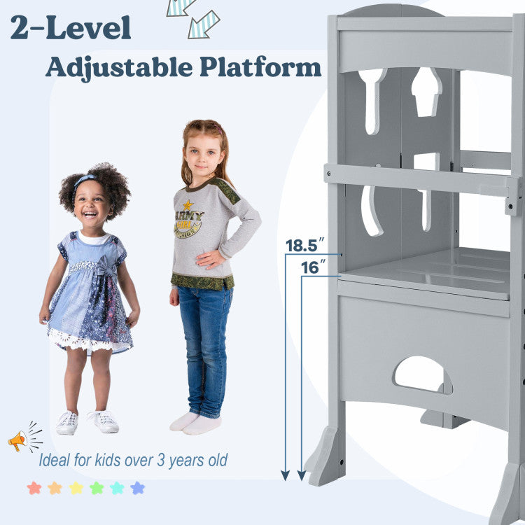 Folding Wooden Step Stool with Lockable Safety Rail for Toddlers 3+ Years