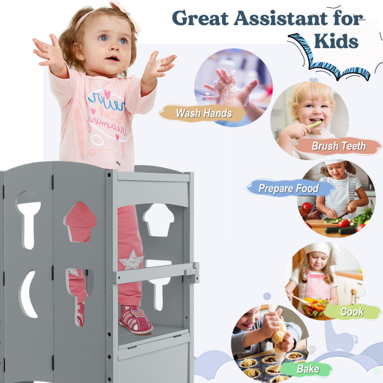 Folding Wooden Step Stool with Lockable Safety Rail for Toddlers 3+ Years