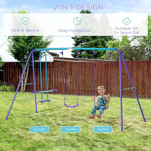 Heavy Duty Metal Swing Set with Glider, 2 Adjustable Swings, A-Frame for Backyard Play