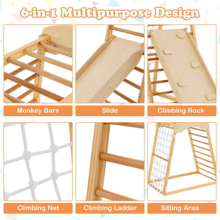 6-in-1 Jungle Gym Wooden Indoor Playground | Double-Sided Ramp & Monkey Bars for Kids