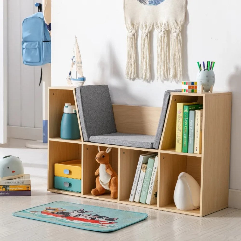 Kids 6-Cubby Bookcase with Cozy Reading Nook – Multi-Purpose Storage Organizer for Bedroom