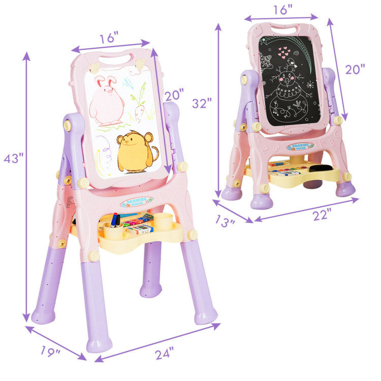 Kids Adjustable Height Double-Sided Magnetic Art Easel with Storage
