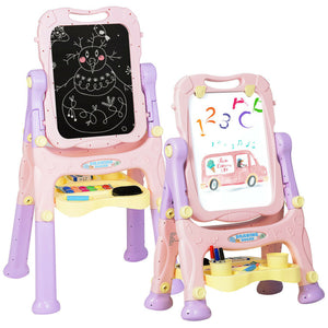 Kids Adjustable Height Double-Sided Magnetic Art Easel with Storage