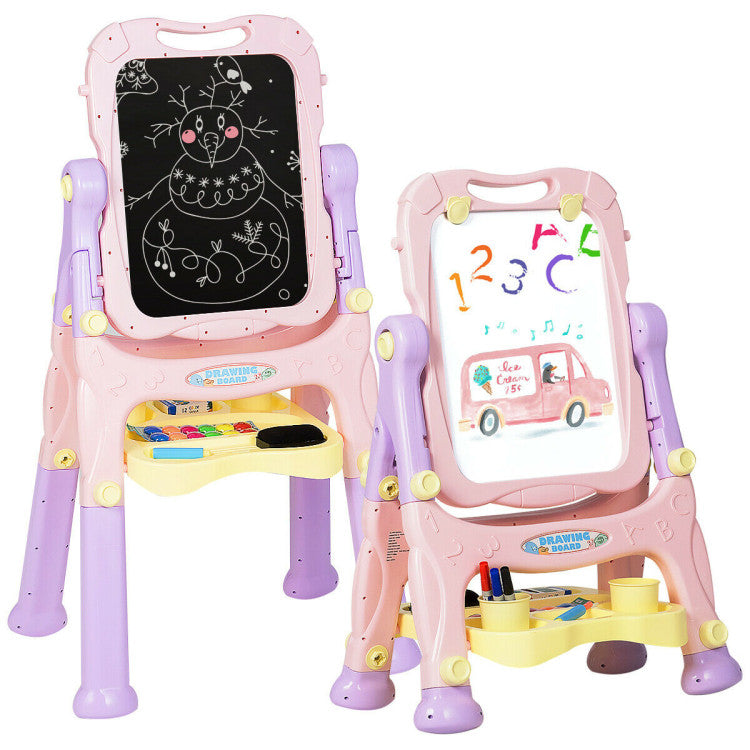 Kids Adjustable Height Double-Sided Magnetic Art Easel with Storage