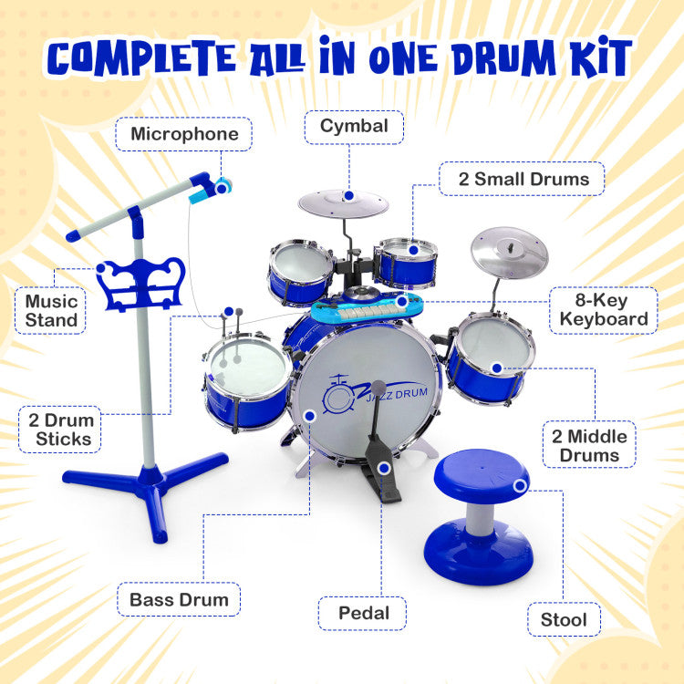 Kids Jazz Drum and Keyboard Set with Stool, Microphone Stand, and Drumsticks