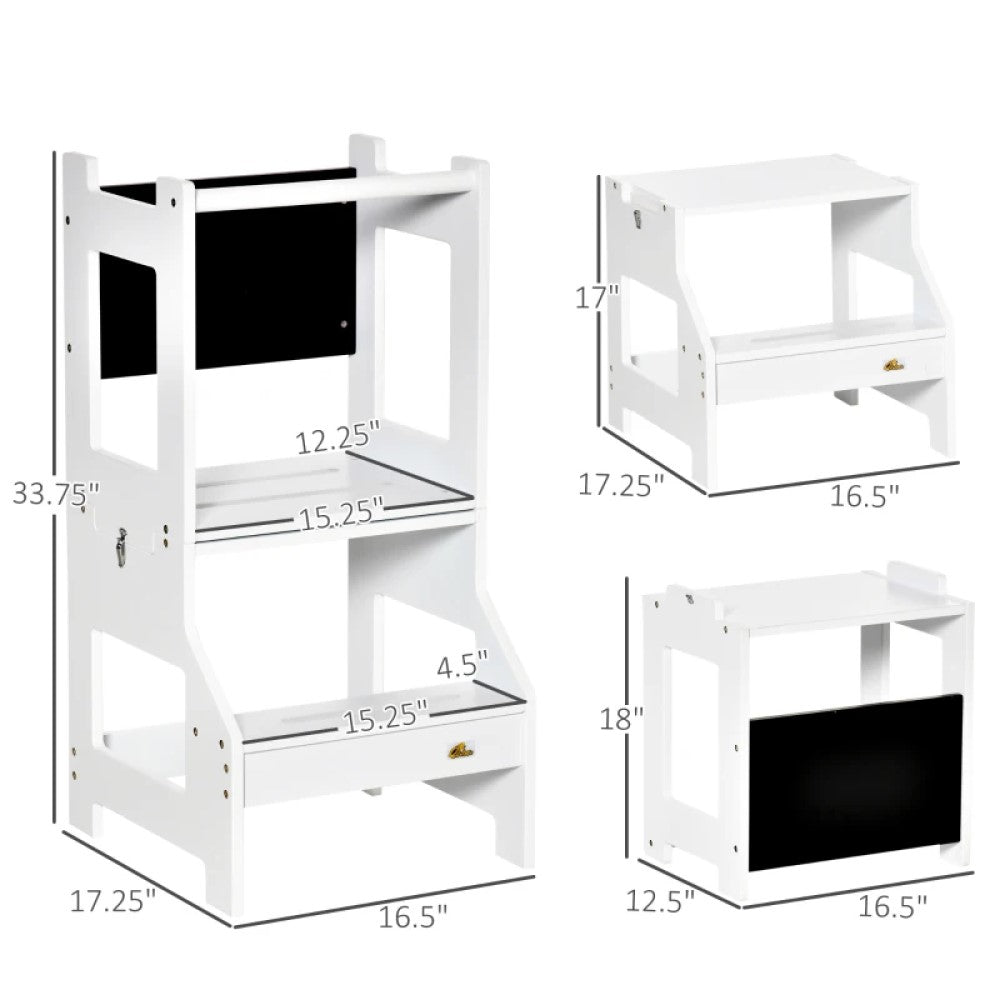 Kids Kitchen Step Stool & Table Set - 2-in-1 Toddler Standing Tower with Chalkboard & Safety Rail