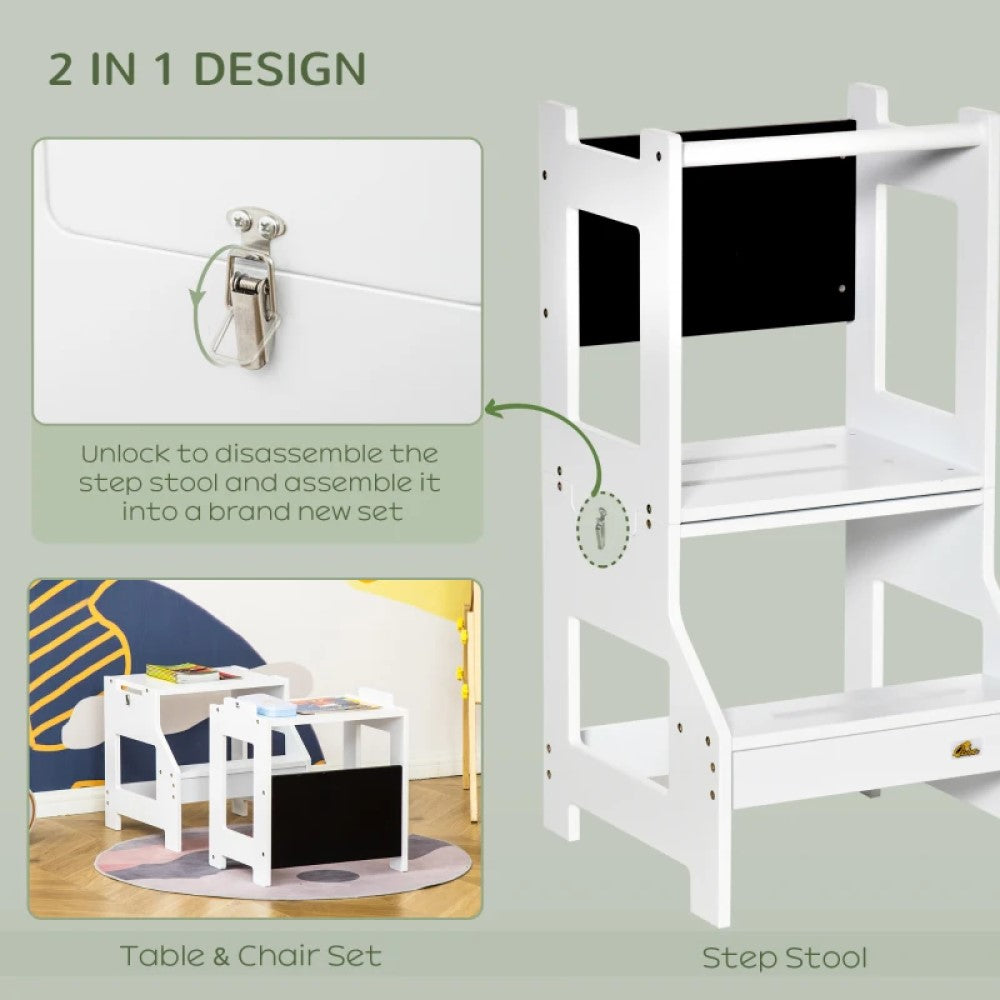 Kids Kitchen Step Stool & Table Set - 2-in-1 Toddler Standing Tower with Chalkboard & Safety Rail