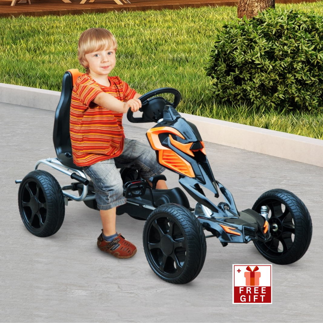 Kids Pedal Powered Ride-On Go Kart Racer with Hand Brake and Non-Slip Wheels - Orange