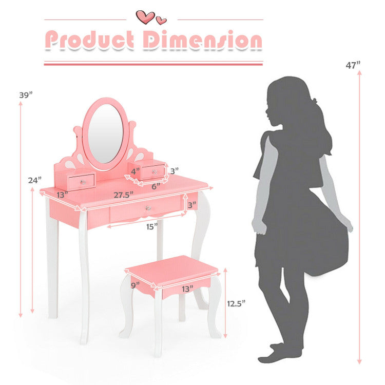 Kids Princess Vanity Set with Mirror & Drawer – Makeup Dressing Table for Girls