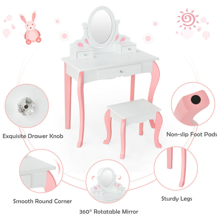Kids Princess Vanity Set with Mirror & Drawer – Makeup Dressing Table for Girls