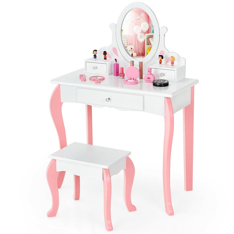 Kids Princess Vanity Set with Mirror & Drawer – Makeup Dressing Table for Girls