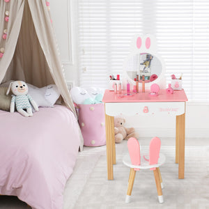 Kids Rabbit Vanity Table Set with Mirror, Chair, and Storage Drawer