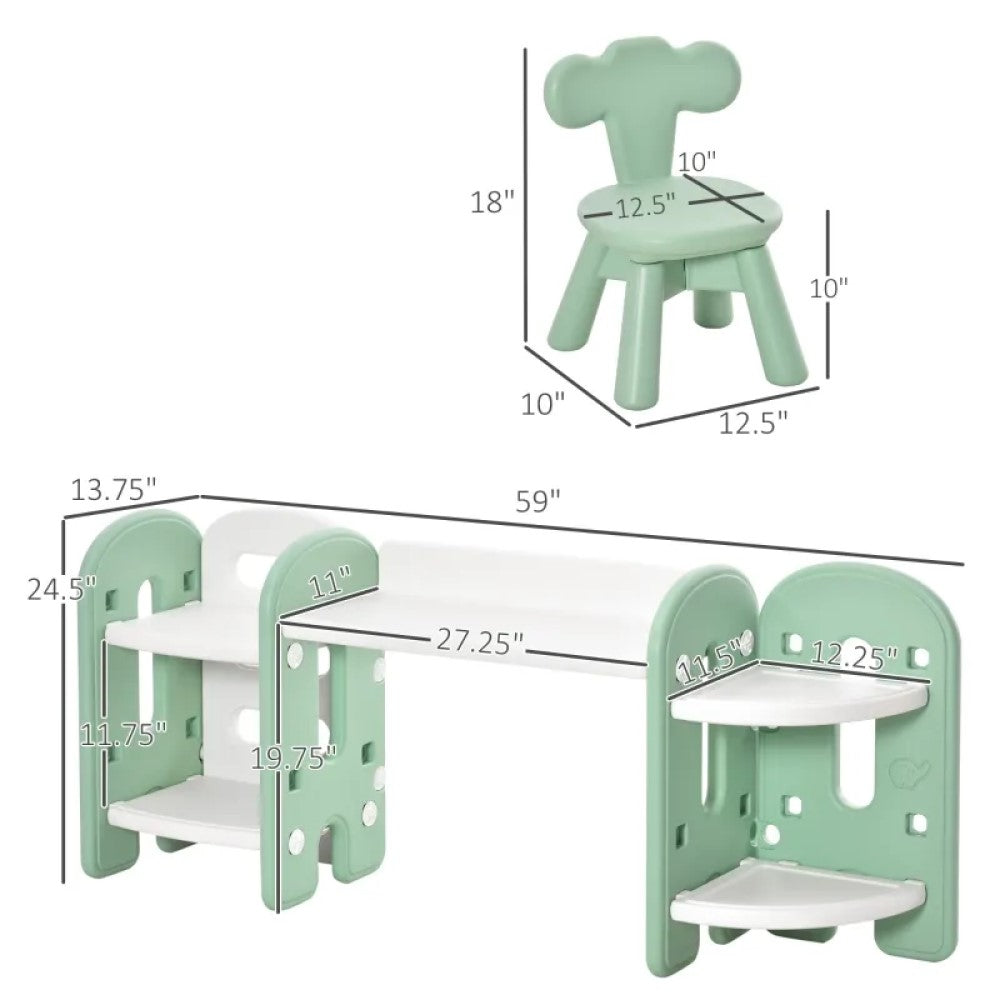 Kids Table and Chair Set with Bookshelf and Storage for Study, Art, and Crafts - Green and White