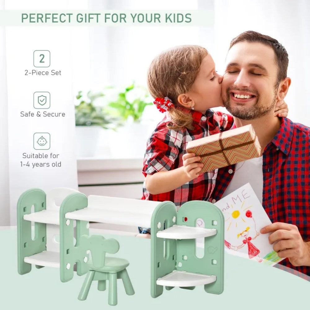 Kids Table and Chair Set with Bookshelf and Storage for Study, Art, and Crafts - Green and White