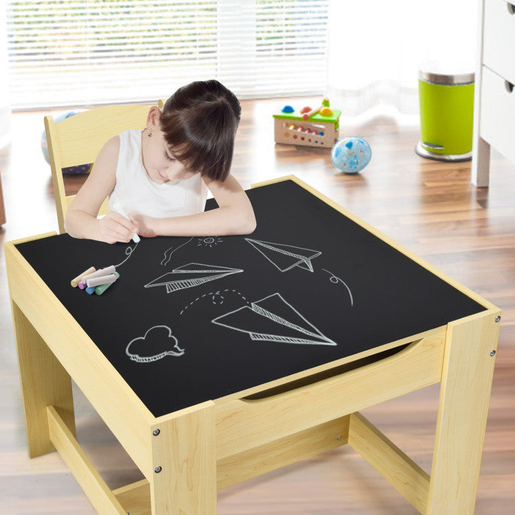 Kids Table and Chairs Set with Storage, Blackboard and Whiteboard for Drawing and Play