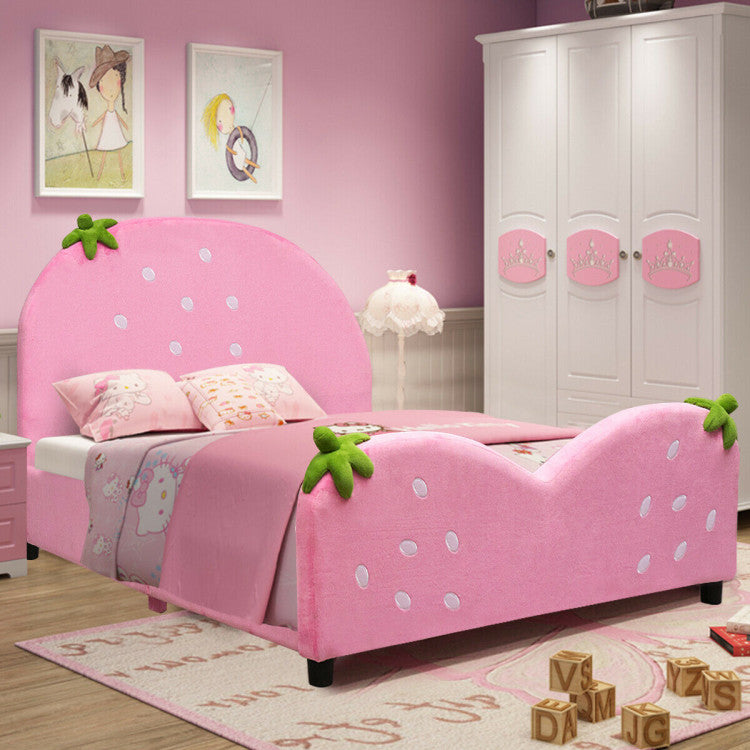 Kids Toddler Upholstered Bed with Berry Pattern - Stylish Children's Bed Frame