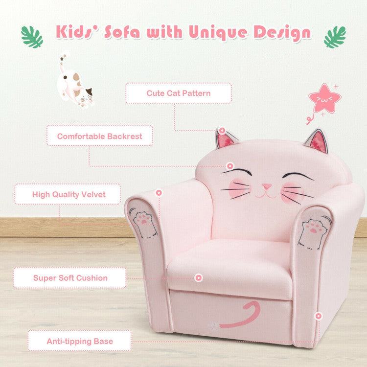 Kids Upholstered Cat Armrest Couch Sofa with Durable Linen Fabric for Playroom or Bedroom