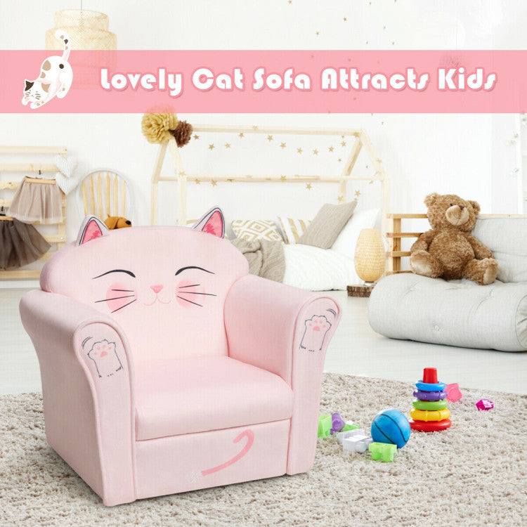 Kids Upholstered Cat Armrest Couch Sofa with Durable Linen Fabric for Playroom or Bedroom