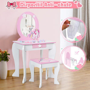 Kids Vanity Set with Mirror, Chair, and Drawer – Makeup Dressing Table for Kids