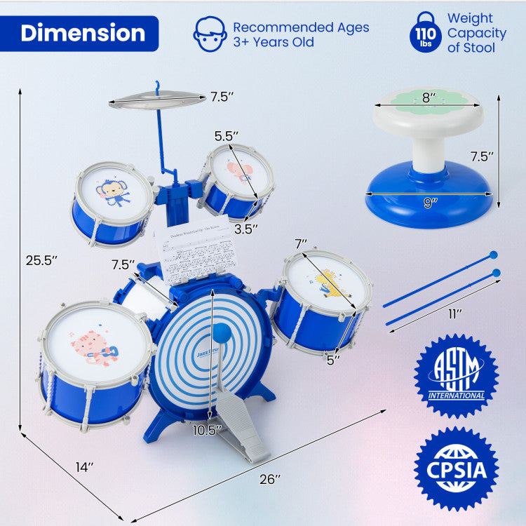 Kids Drum Set Educational Percussion Musical Instrument Toy with Bass Drum