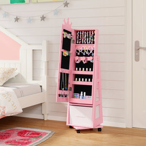 Kids Jewelry Armoire with Swivel Base and Lockable Wheels – Adjustable Storage Cabinet