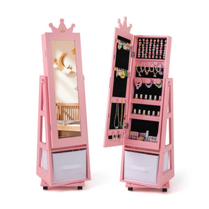 Kids Jewelry Armoire with Swivel Base and Lockable Wheels – Adjustable Storage Cabinet