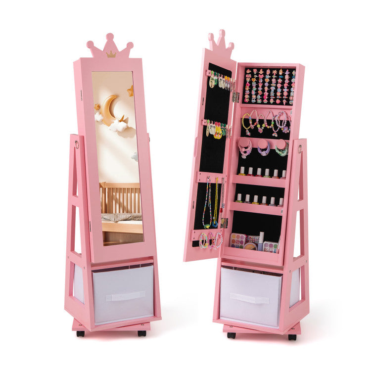 Kids Jewelry Armoire with Swivel Base and Lockable Wheels – Adjustable Storage Cabinet