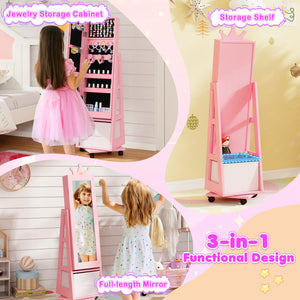 Kids Jewelry Armoire with Swivel Base and Lockable Wheels – Adjustable Storage Cabinet