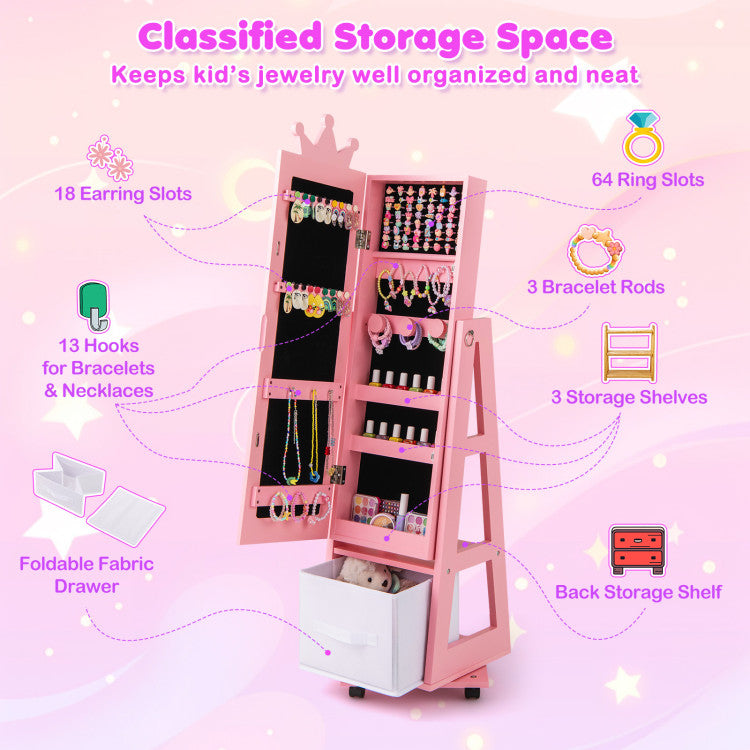 Kids Jewelry Armoire with Swivel Base and Lockable Wheels – Adjustable Storage Cabinet